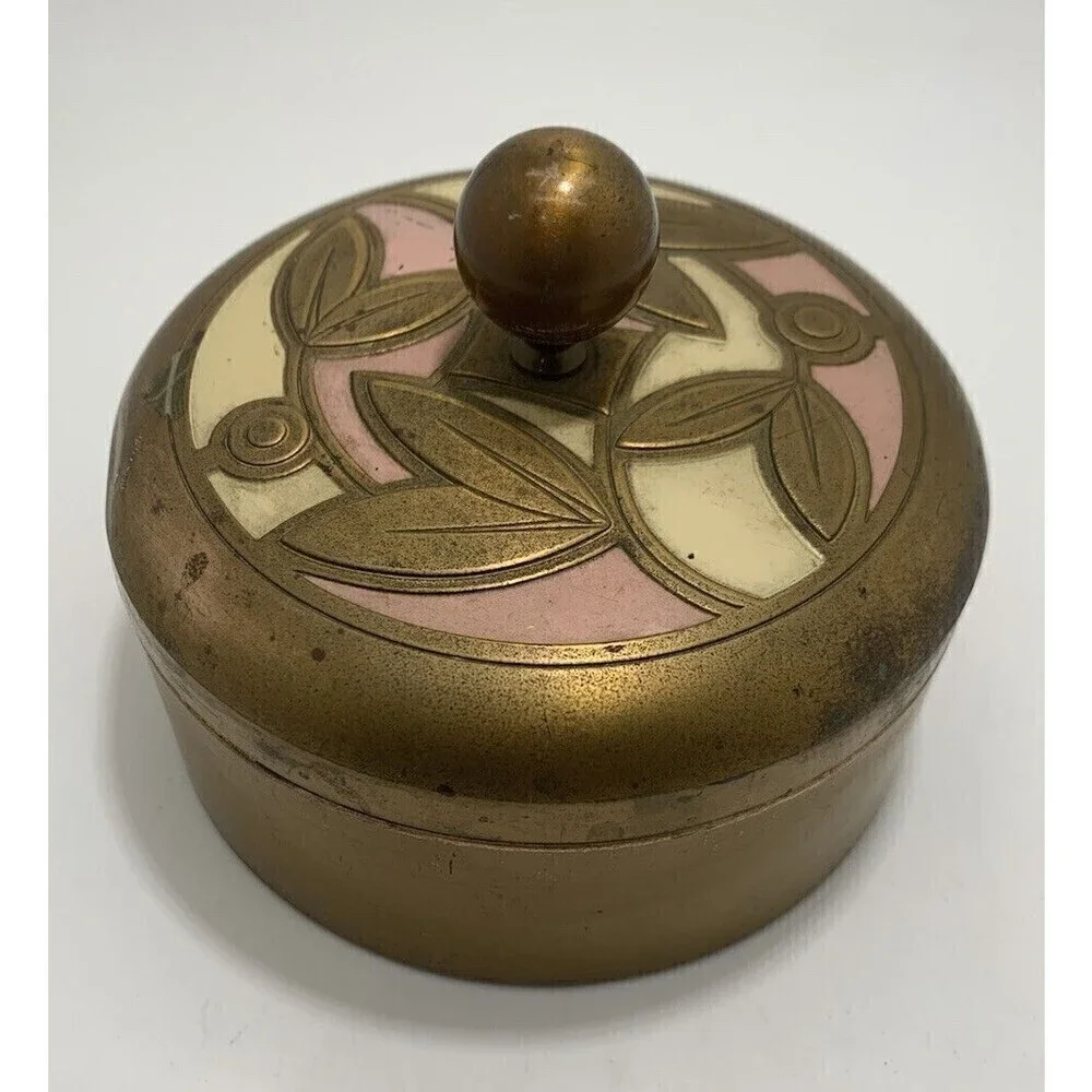 Vintage Chase Metalworks Powder Jar Metal Lidded Floral Pink Ivory Painted Lid